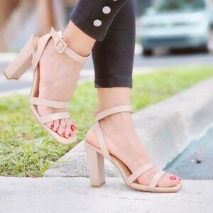 Nude Women’s Chunky Heels Triple Straps with Side Buckle